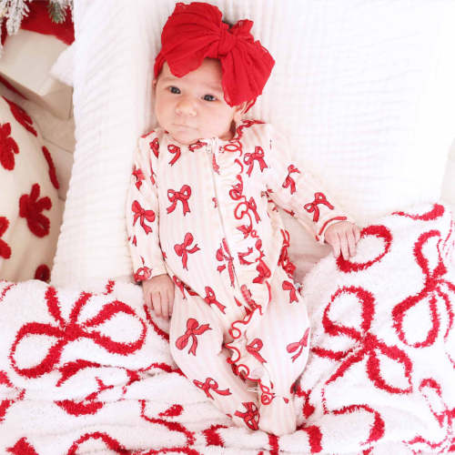 Coquette Christmas Bamboo Waffle Zipper Ruffle Footie