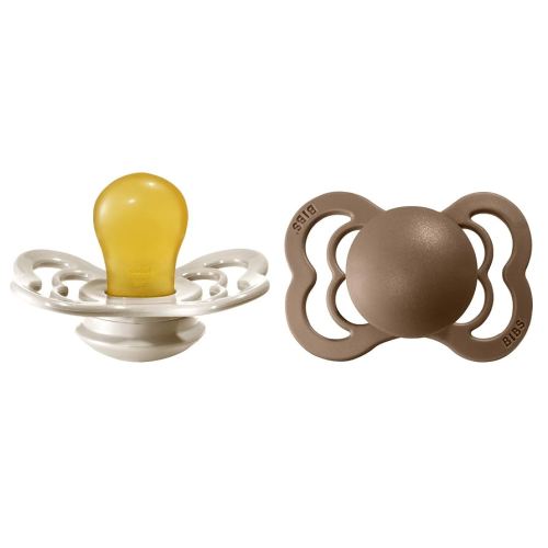 BIBS Supreme Baby Pacifier 2-Pack | Made in Denmark | BPA Free Dummy Soother, Symmetrical Nipple. Natural Rubber Latex, Size 1 (0-6 Months), Vanilla / Dark Oak