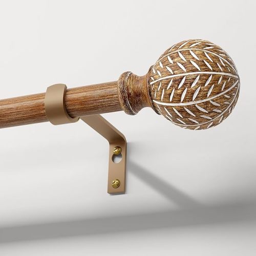 Wood Curtain Rods for Windows 48 to 84 Inch(4-7ft),1'' Diameter Drapery Rods with Imitation Wood Grain Leaf Pattern Finials,Boho Adjustable Heavy Duty Curtain Rods Set,36-88''