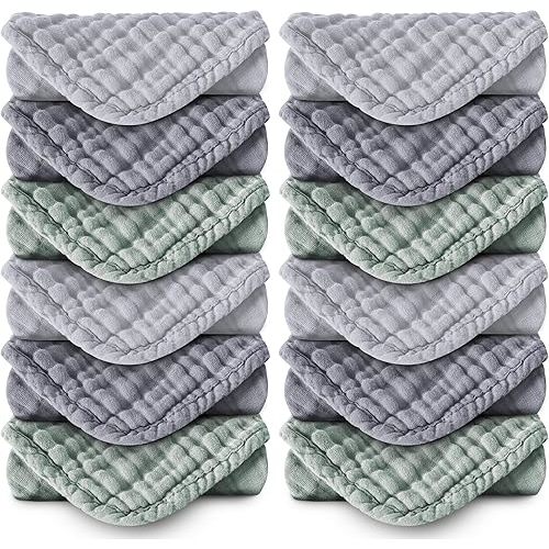 MOON PARK Baby Washcloths, 12 Pack - 12x12 Inches, Small Burp Cloths and Baby Wipes - 100% Cotton Muslin Ultra Soft for Newborn, Infant and Toddlers - Grey, Green and Slate