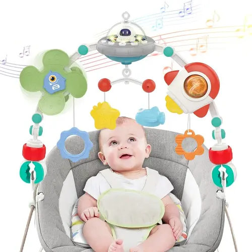 Musical Stroller Arch Toy - Baby Bouncer Toy Bar Travel Car Seat Toys for Babies 0-6 6-12 Month Infant Activity Pram Carseat Toy Mobile for Bassinet Sensory Development Toddler 1 2 3 Yr Gift