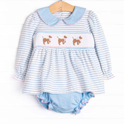 Puppy Present Smocked Diaper Set, Blue – Stitchy Fish