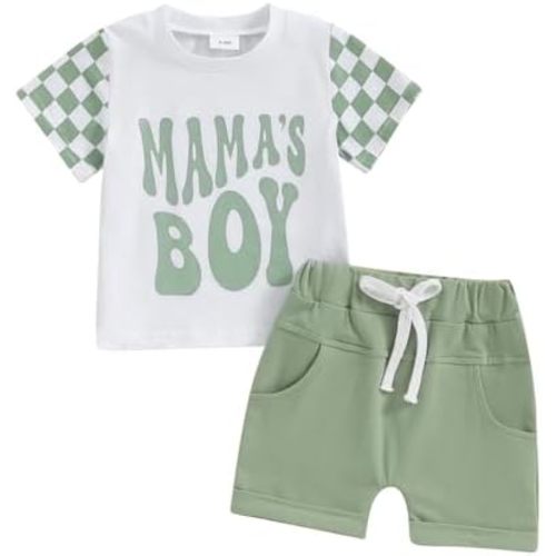 Toddler Boys Summer Outfits Mamas Boy Checkerboard Short Sleeve T-Shirts Tops and Elastic Waist Shorts Clothes Sets