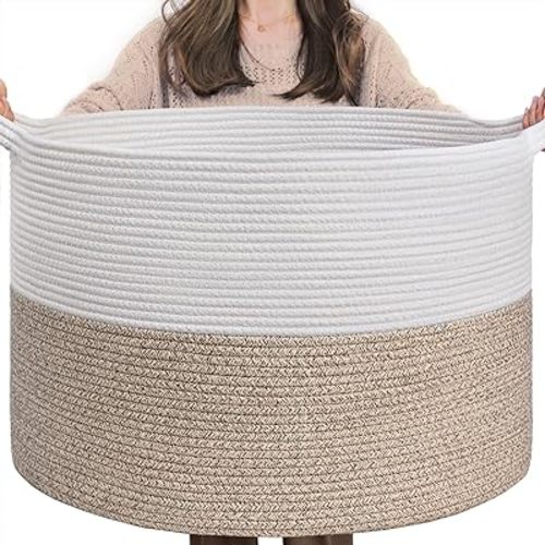 INDRESSME Large Laundry Basket, 21.7'' x 13.8'' Cotton Rope Blanket Basket Living Room Toy Baskets Storage Kids, Woven Baskets for Dirty Clothes, Pillows, Towel, 90L Light Brown