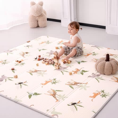 Baby Play Mat 71x79 Inch, 2 in 1 Fabric & XPE Dual-Sided Design Foldable Play Mats for Babies and Toddlers, Waterproof & Anti-Slip Baby Mat for Floor, Portable Baby Foam Crawling Mat with Travel Bag