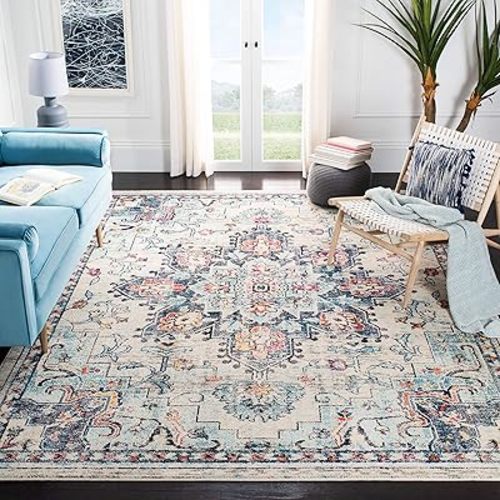 SAFAVIEH Madison Collection Area Rug - 8' x 10', Cream & Blue, Boho Chic Medallion Distressed Design, Non-Shedding & Easy Care, Ideal for High Traffic Areas in Living Room, Bedroom (MAD473B)