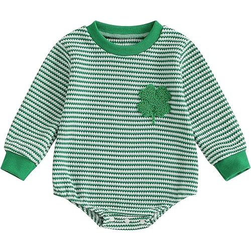 VISGOGO Baby Sweatshirt Romper Striped Heart/Clover Waffle St.Patrick Day Long Sleeve Irish Onesie Jumpsuits