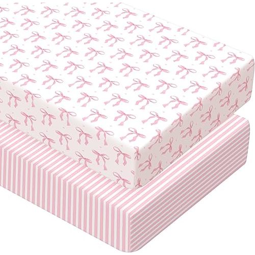 Peryiter 2 Pack Bow Crib Sheets for Girls Coquette Bed Sheet Set Fitted 52'' x 28" for Standard Crib Mattress Stretchable Soft Toddler Aesthetic Nursery Decor(Pink)