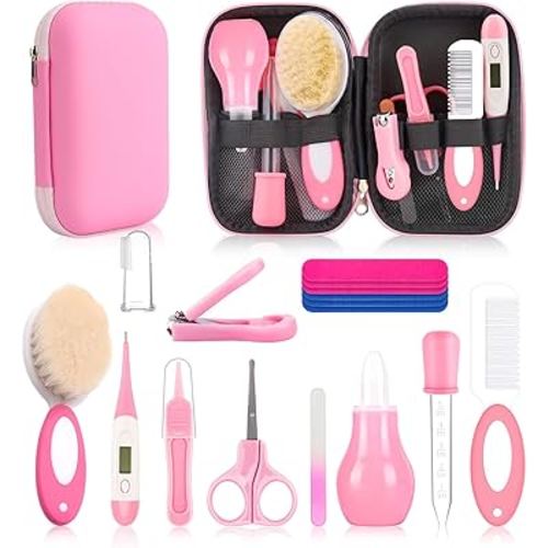 Baby Healthcare and Grooming Kit, Baby Safety Set Newborn Nursery Health Care Set with Hair Brush Scale Measuring Spoon Nail Clippers (Pink 17 in 1)