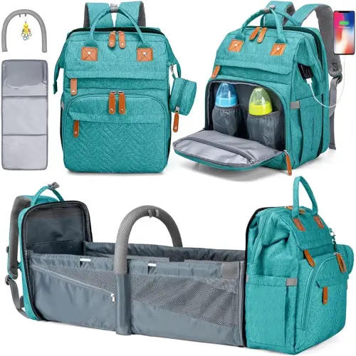 KABAQOO Diaper Bag Backpack, Large Baby Diaper Bags for Boys Girls, Baby Bag with USB Charging Port, Multifunction Waterproof Travel Back Pack for Moms Dads, Lake Blue