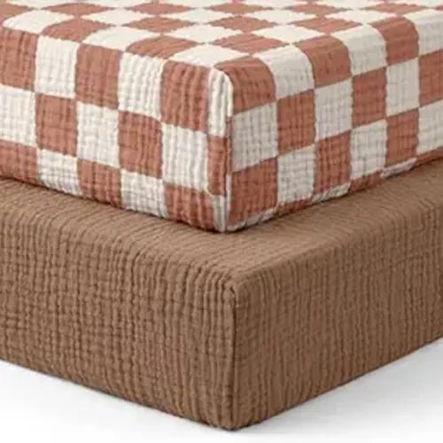Blissful Diary Muslin Crib Sheets for Girl Boy, Boho Neutral Soft Cotton Baby Sheet for 52''x28'' Standard Crib Mattress, 2 Pack(Brown Checkboard & Brown)