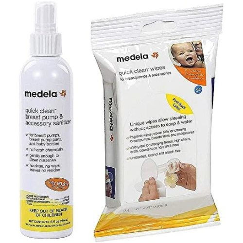 Medela Quick Clean Breast Pump Kit: Quick Clean Spray, Accessory Wipes - Bundle (Breast Pump Cleaning Supplies, medela Quick Clean Wipes)