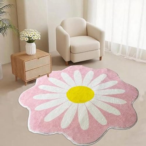 4Ft Daisy Shaped Rugs Washable Non-Slip Round Castle Floral Area Rug Soft Cute Daisy Nursery Rug Classroom Decor, Girls Circle Rug for Bedroom Dorm Kids Room (4'x4', Pink)