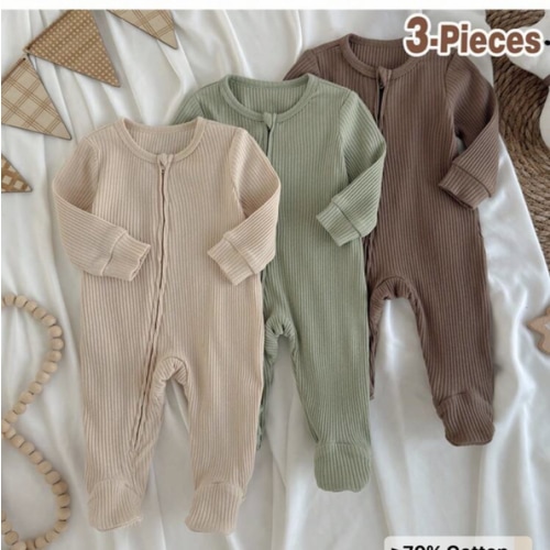 Loomiva Newborn Baby 3 PiecesSoft Knit Outfit Set - Long Sleeve Romper & Pants Newborn Zipper Pajamas Neutral Baby Clothes Unisex Baby Ribbed Zipper Pajamas Fall Winter | SHEIN USA