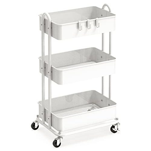Simple Houseware Heavy Duty 3-Tier Metal Utility Rolling Cart, White