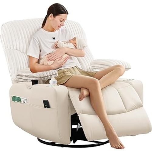 SUNWAVE Power Nursery Rocking Chair with Adjustable Armrests, Nursing Chair with USB, Cup Holders & Blanket, Swivel Rocker Recliner with Corduroy and PU Leather Mixed Fabric (Beige)