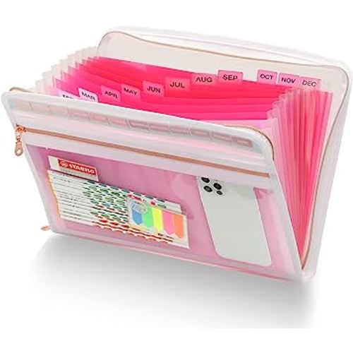 13 Pocket Expanding File Folder Organizer with Front Clear Pounch, Accordion File Organizer with Zipper Clourse, Expandable Filing Folders for Documents, Papers Letter Size, Pink