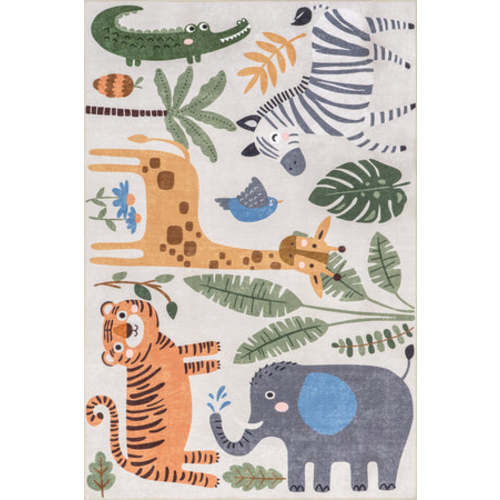 Debra Kids Spill Proof Washable Jungle Friends Rug | White Multicolor