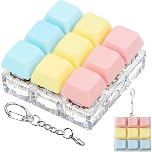 Keyboard Fidget Toy Clicker Fidget Keychain, 9-in-1 Stress Relief Desk Toys Decompression Button Keyboard with Removable Keycaps, Anxiety Relief Valentine's Day Gifts (3 Color-Pink Yellow Blue)