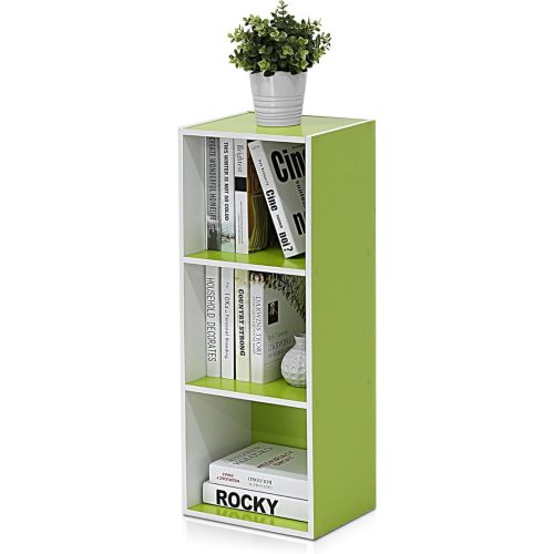 Furinno LUDER Book Shelf, 3-Cube Bookshelf, Bookcase with Open Shelves, 9.3 x 12 x 31.5, for Living Room, Bedroom, Home Office, White/Green