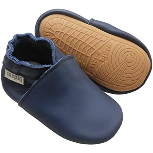 Soft Leather Slippers Baby Moccasins with Rubber Sole, Anti-Slip Infant Toddler First Walking Shoes for Boys Girls, 0-24 Months
