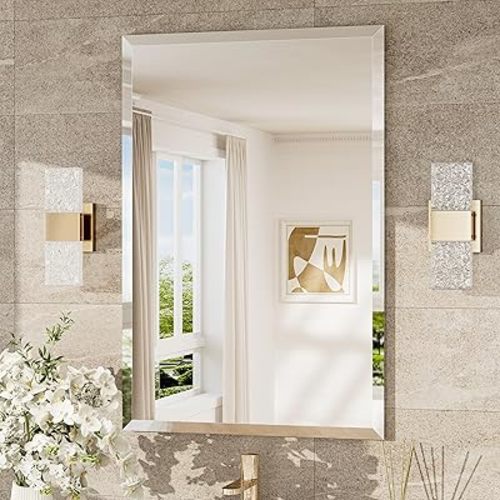 TokeShimi 24x36 Beveled Wall Mirror Decorative, Bathroom Vanity Mirrored with 1" Beveled Edge, Shatterproof Modern Frameless Mirror Bathroom Rectangle for Living Room, Entryway, Restroom
