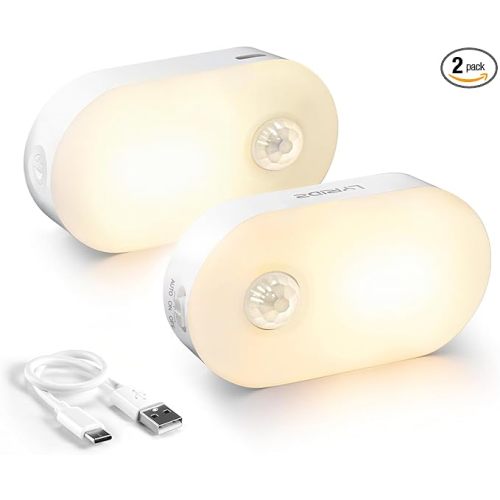 Lyridz Rechargeable Battery Night Light with Motion Sensor, Portable Mini Warm White LED Stick-on Closet Light, Adjustable Brightness for Bathroom, Bedroom, Kitchen, Cabinet, Stairs, Hallway, 2-Pack