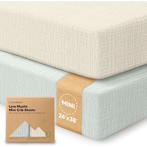 2-Pack Muslin Mini Crib Sheets for Boys, Girls -38x26 Pack and Play Sheets Fitted, Organic Cotton,Compatible with Graco Pack N Play Mattress,Neutral Toddler Playard Bedding,Soft Breathable(Willow)