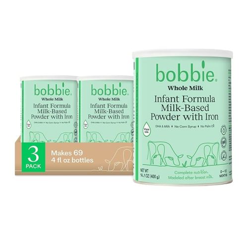 Bobbie Whole Milk, Grass Fed Infant Formula with Iron, Plant Based DHA and ARA, Vitamin D and Protein Blend Modeled After Breast Milk, For Newborn Baby to 12 Month Old, 14.1 oz, 3 Pack
