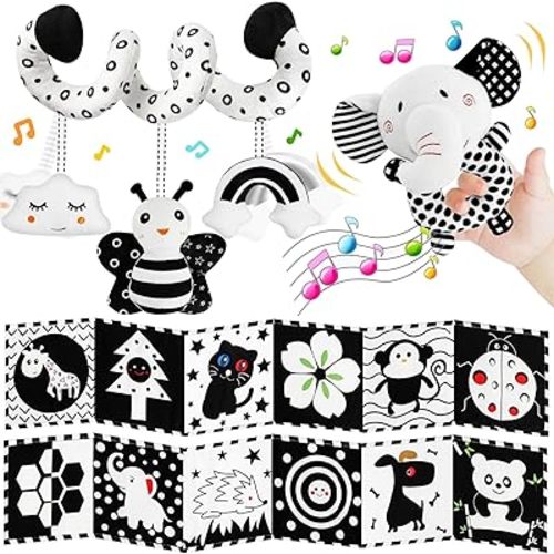 TSYAN Black and White High Contrast for 0-6 Months Newborn,Car Seat Toys &Baby Hanging Rattle Toys Soft Cloth Book for Crib Mobile Brain Development Infant Baby Boys Girls