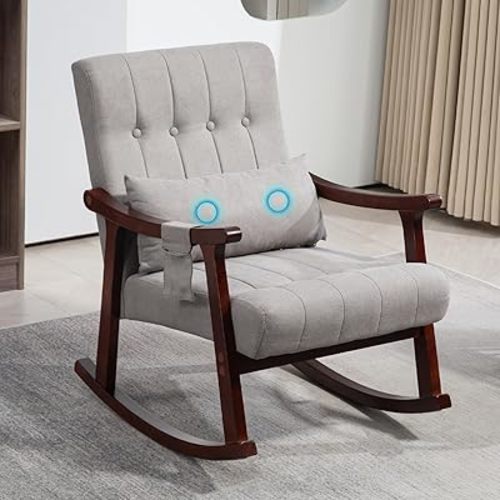 Upholstered Rocking Chair with Massage Lumbar Support,Glider Chair with Side Pocket, Nursery Rocker with High Backrest,Rubber Wood Legs, Rocking Accent Armchair for Living Room Bedroom Nursery