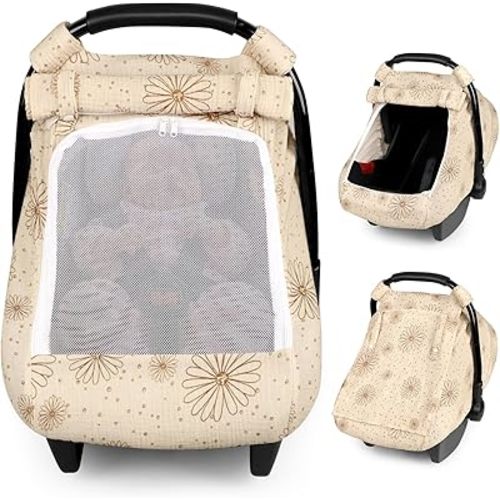 Muslin Baby Car Seat Cover, with Extra Large Mesh Window Breathable Infant Car Seat Canopy Cover, Universal Fit Stroller Cover for Boys and Girls(Floral Pattern)