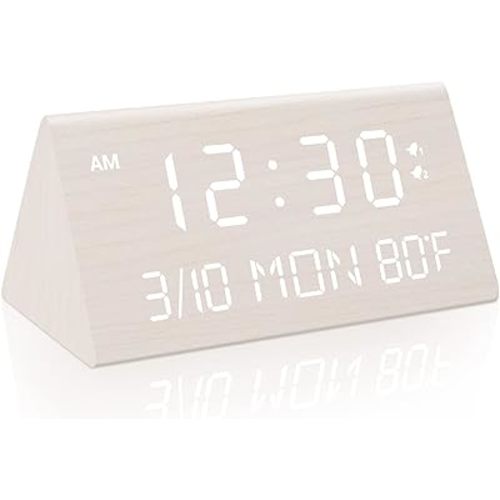 Kogonee Wooden Digital Alarm Clock, 0-100% Dimmer, 2 Alarm Settings, Weekday/Everyday Mode, 9 Mins Snooze, 12/24H, Temperature and Date Display for Office, Travel, Bedroom Alarm Clock (White)