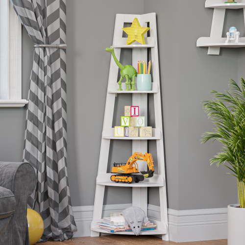 RiverRidge Kids 5-Tier Corner Ladder Playroom Display Bookshelf Organizer- White