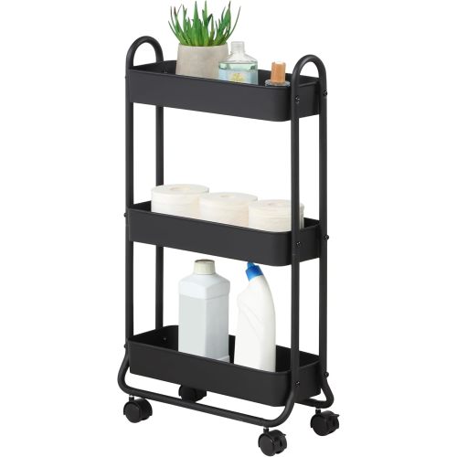 SunnyPoint Slim Rolling Storage Cart, 3 Tier Bathroom Storage Organizer Bathroom, Laundry Utility Cart (Black)
