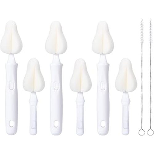 8 Pcs Sponge Nipple Bottle Brushes, Baby Bottle Brush with 3 Pcs Nipple Cleaner, 3 Pcs Replacement Heads and 2 Pcs Straw Brushes, White