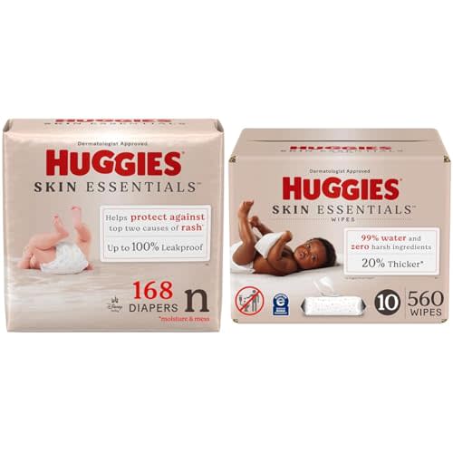 Bundle of Huggies Size Newborn Diapers, Skin Essentials Baby Diapers, Size Newborn (6-9 lbs), 168 Count + Huggies Skin Essentials Baby Wipes, 99% Water, 10 Flip Top Packs (560 Wipes Total)