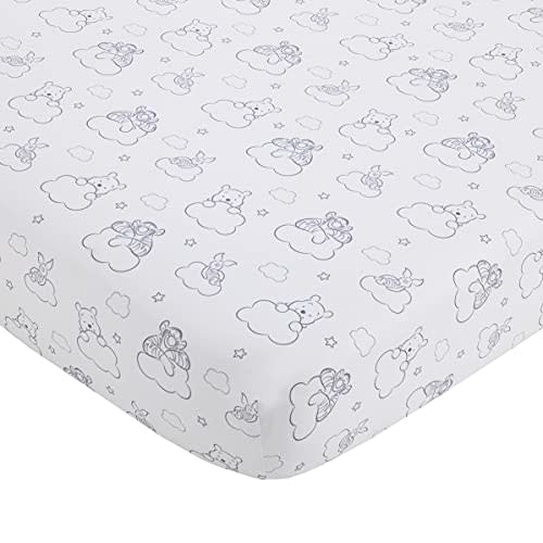 Disney Winnie The Pooh Hello Sunshine Grey & White Cloud Nursery Fitted Crib Sheet with Piglet & Tigger, Grey, White , 28x52 Inch (Pack of 1)