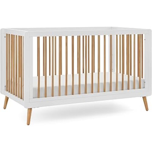 Tatum 3-in-1 Convertible Crib, White/Natural Finish, Solid Wood, Adjustable Mattress Height, Converts to Toddler Bed & Daybed, Fits Standard Full-Size Crib Mattress