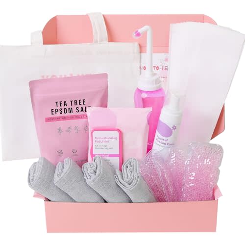 Postpartum Essentials Recovery Kit - Peri Bottle,Perineal Ice Packs,Perineal Healing Foam,Disposable Underwears,Cooling Pad Liners,Bath Salts,Canvas Bag,Card,Postpartum Gifts for Mom