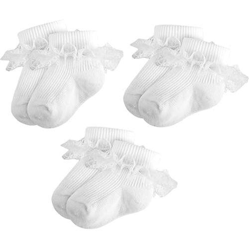 Baby Girl Ruffle Socks Eyelet Double Lace Turn Cuff Ankle Frilly Dress Socks for Newborn/Infant/Toddler/Little Kids