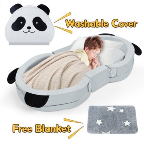 spanspace Foldable Toddler Travel Bed, Portable Floor Bed for Kids with Washable Cover, Toddler Cots for Sleeping with Adorable Panda Design, No Assembly Required, Easy to Carry, Gray