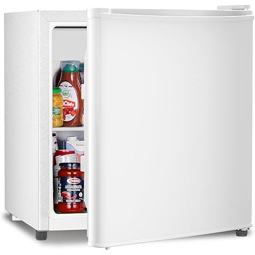 Antarctic Star Mini Fridge Compact Refrigerator with Freezer, Single Reversible Door, Dorm Fridge, Removable Glass Shelf, Defrost Button, for Bedroom, Office, Garage, 1.4 Cu. Ft, White