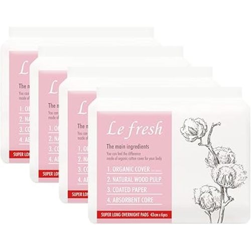 Lefresh Organic Cover Maxi Pads with Wings | Super Long Overnight, 24 Count | Heavy Absorbency - Unscented - Vegan - Chlorine Free - Ultra Thin Pads for Women