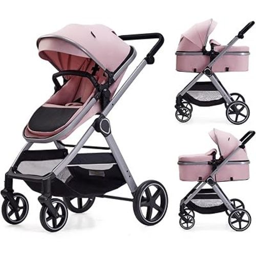 2 in 1 Baby Stroller, Newborn Infant Toddler Convertible Bassinet Pram Stroller for 0-36 Months Old Babies (Pink)