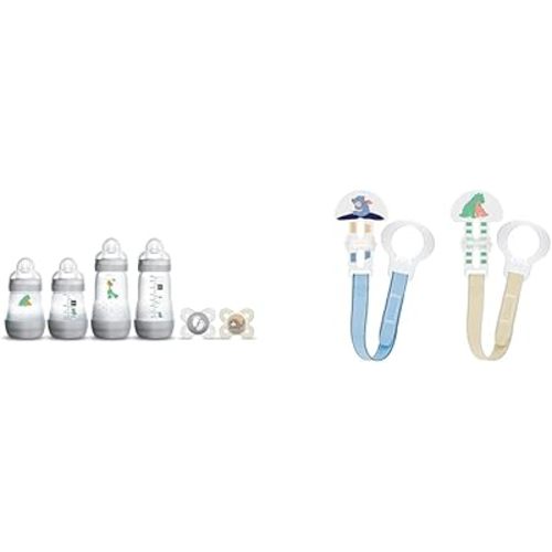 MAM Feed & Soothe Bottle & Pacifier Gift Set, Unisex, 0+ Months, 6-Count & 2 Clips for Pacifiers with Fasteners and Flexible Rings for Boys, Designs May Vary