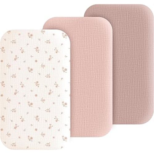 Muslin Bedside Sleeper Bassinet Fitted Sheets, 3 Pack Cotton Baby Sheet for Boys & Girls, Soft, Compatible with Baby Delight, Dream On Me, AMKE and Other Rectangle Mattress (Daisy Petal)