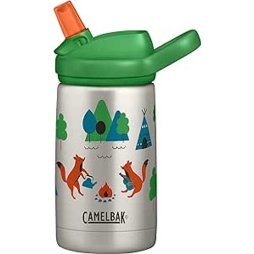 CamelBak eddy+ Kids Water Bottle with Straw, Insulated Stainless Steel - Leak-Proof when Closed, 12oz (Camping Foxes)
