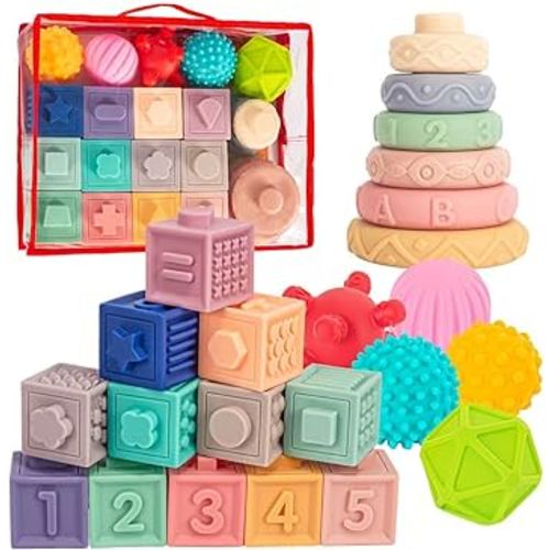 Springflower 3 in 1 Montessori Toys for Babies 0-3-6-12 Months, Soft Baby Teething Toys, Stacking Building Blocks for Infants, Sensory Developmental Education Toys for Toddler Baby 12-18 Months,23 PCS
