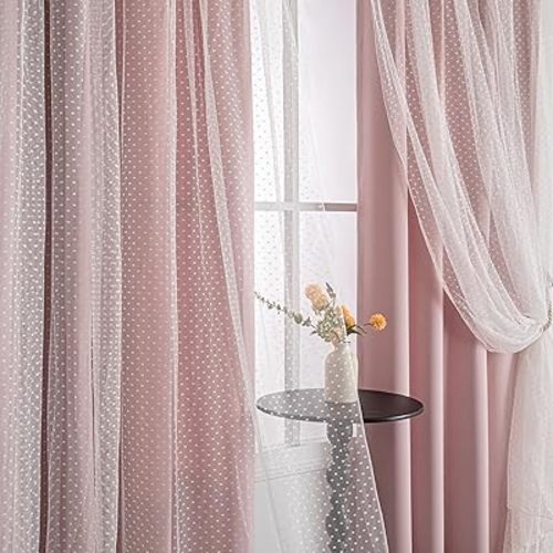 MYSKY HOME Pink Blackout Curtains for Girls Bedroom & Nursery Kids Blush Princess Double Layer Drapes, Polka Dots Sheer, Grommet Tops, 52x84 Inch, 2 Panels